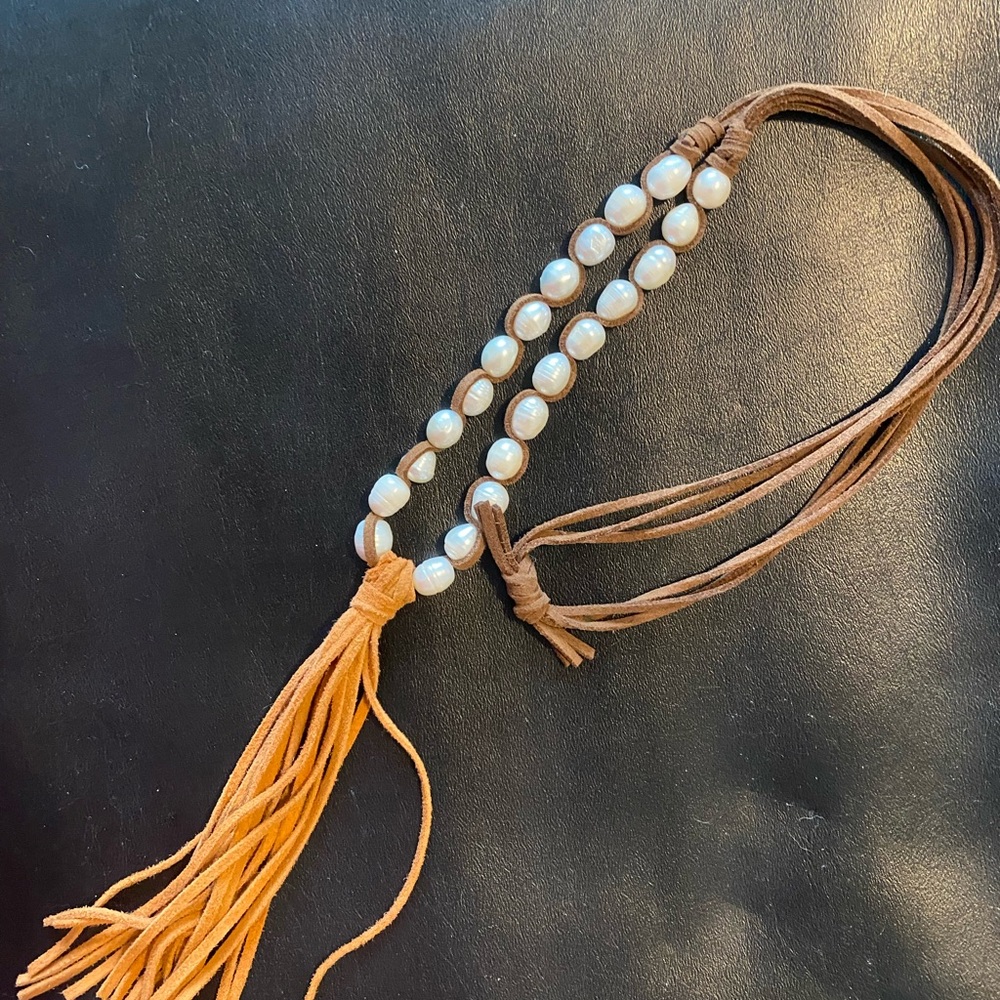 Brown and White Beaded Tassel Necklace